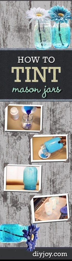 Easy DIY Ideas | How To Tint Mason Jars Tutorial at http://diyjoy.com/easy-diy-projects-colored-mason-jars