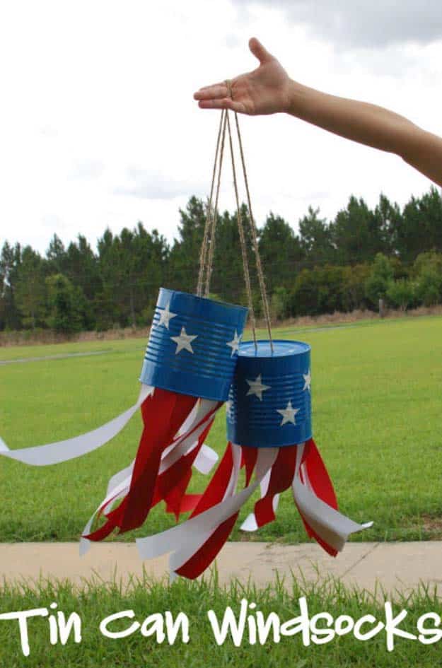 Rustic DIY Ideas With the American Flag | Patriotic Flag Country Crafts and  DIY Projects for the Home and Backyard | Patriotic Tin Can DIY Windsocks | http://diyjoy.com/diy-projects-decor-american-flag