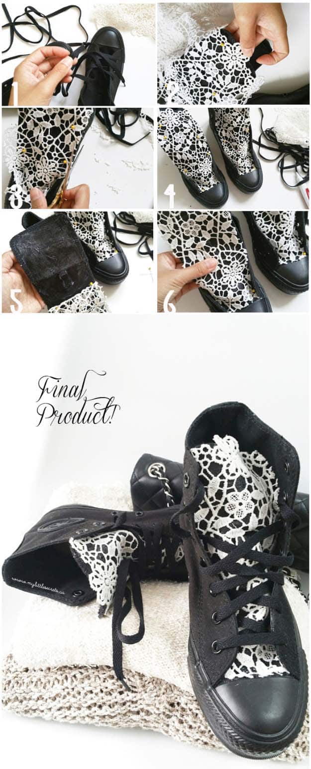 DIY Crafts You Can Make with Lace | Cool DIY Ideas for Fashion, Decor, Gifts, Jewelry and Home Accessories Made With Lace | Lace Converse Sneakers | http://diyjoy.com/diy-crafts-ideas-with-lace