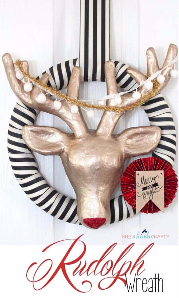 Cute DIY Holiday Wreaths Make Awesome Homemade Christmas Decorations for Your Front Door | Cool Crafts and DIY Projects by DIY JOY | Modern Rudolph Wreath