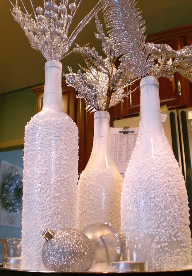 Awesome DIY Christmas Home Decorations and Homemade Holiday Decor Ideas - Quick and Easy Decorating ideas, cool ornaments, home decor crafts and fun Christmas stuff | Crafts and DIY projects by DIY Joy | Wine Bottles Christmas Display #diy #crafts #christmas