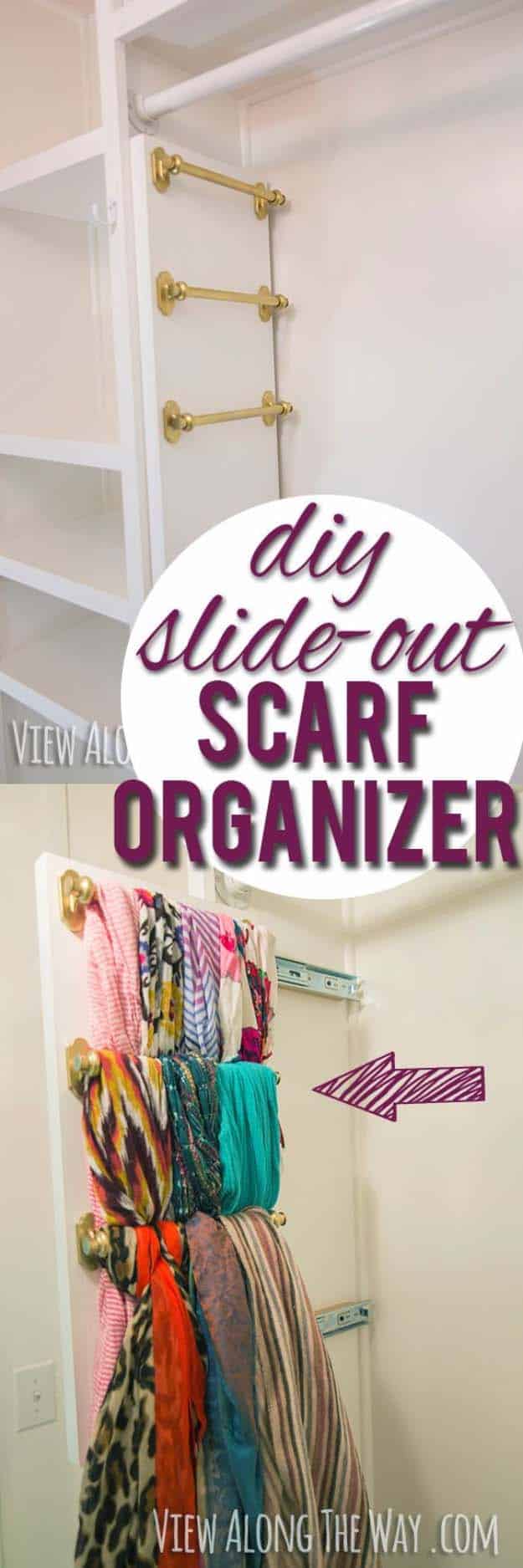 DIY Closet Organization Ideas for Messy Closets and Small Spaces. Organizing Hacks and Homemade Shelving And Storage Tips for Garage, Pantry, Bedroom., Clothes and Kitchen | DIY slide-out scarf and belt organizers #organizing #closets #organizingideas