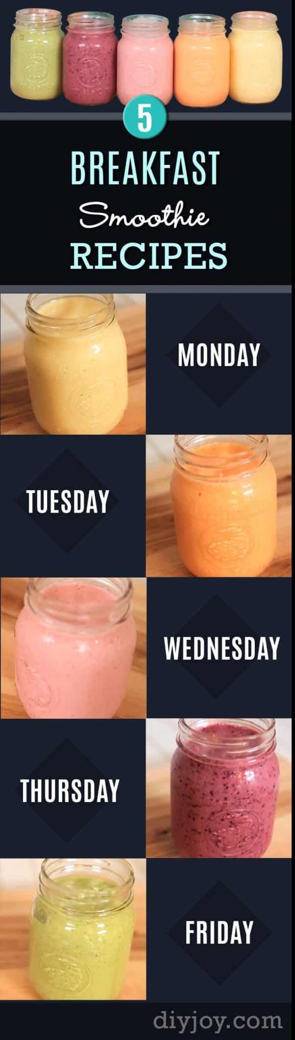 Healthy smoothie recipes and easy ideas perfect for breakfast, energy. Low calorie and high protein recipes for weightloss and to lose weight. Simple homemade recipe ideas that kids love. | Monday To Friday – 5 Ultimate Breakfast Smoothie Recipes!