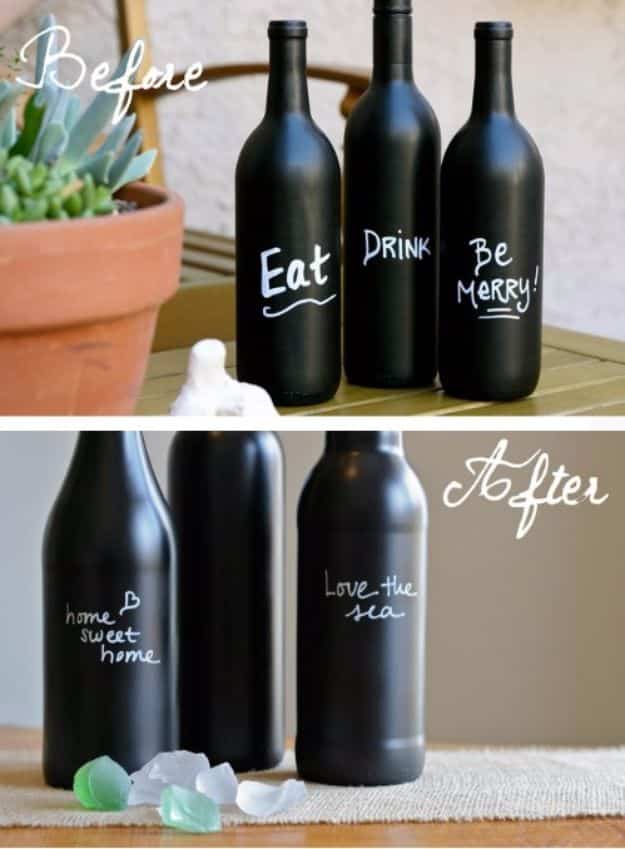 DIY Chalkboard Paint Ideas for Furniture Projects, Home Decor, Kitchen, Bedroom, Signs and Crafts for Teens. | Chalkboard Wine Bottle Decors 