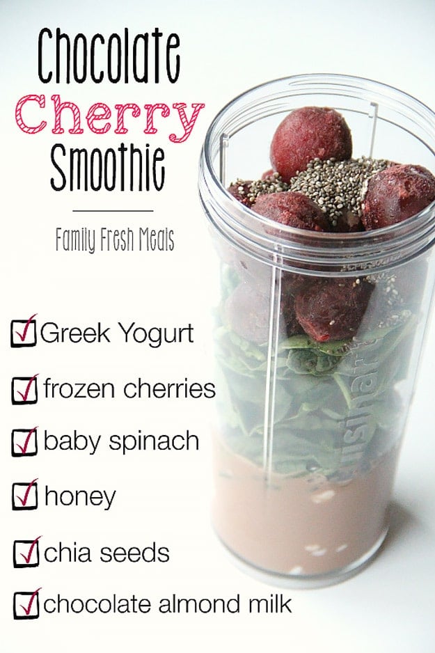 Healthy smoothie recipes and easy ideas perfect for breakfast, energy. Low calorie and high protein recipes for weightloss and to lose weight. Simple homemade recipe ideas that kids love. | Chocolate Cherry Smoothie #smoothies #recipess