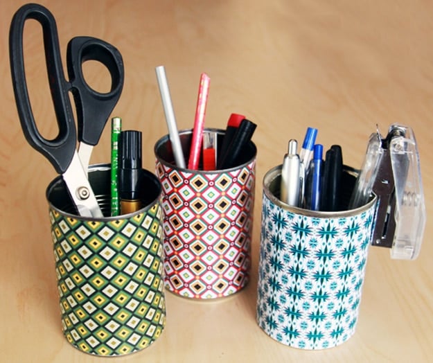 Easy Craft Room Ideas and Craft Room Organization Projects - Colorful Tin Can Organizer - Cool Ideas for Do It Yourself Craft Storage - fabric, paper, pens, creative tools, crafts supplies and sewing notions 