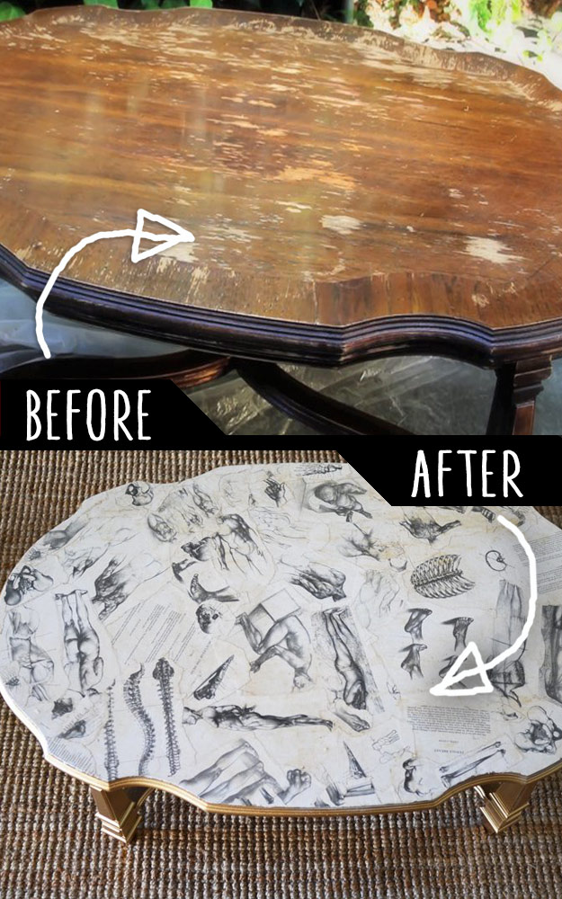 DIY Furniture Makeovers - Refurbished Furniture and Cool Painted Furniture Ideas for Thrift Store Furniture Makeover Projects | Coffee Tables, Dressers and Bedroom Decor, Kitchen | Decoupaged Coffee Table #diy #furnituremakeover #diyfurniture