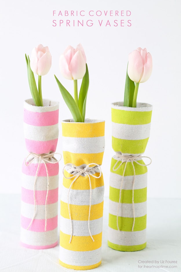 76 Crafts To Make and Sell - Easy DIY Ideas for Cheap Things To Sell on Etsy, Online and for Craft Fairs. Make Money with These Homemade Crafts for Teens, Kids, Christmas, Summer, Mother’s Day Gifts. | Fabric Covered Spring Vases | diyjoy.com/crafts-to-make-and-sell