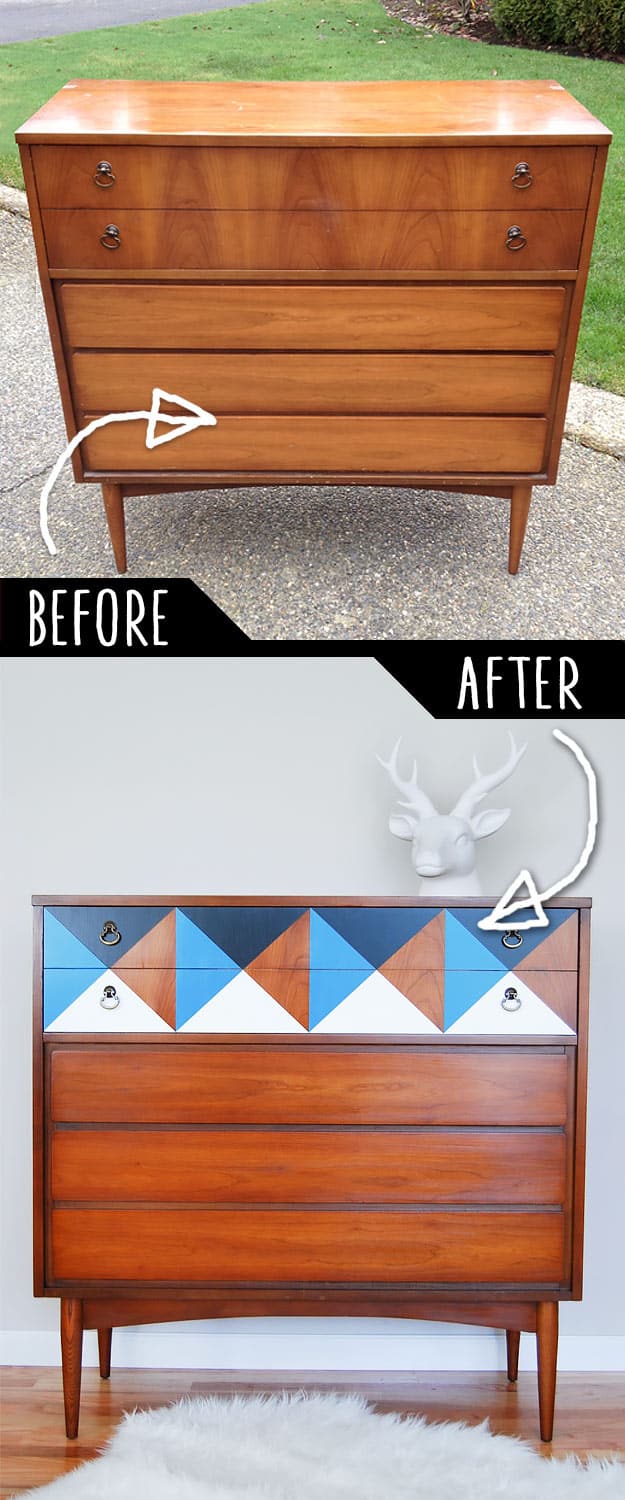 DIY Furniture Makeovers - Refurbished Furniture and Cool Painted Furniture Ideas for Thrift Store Furniture Makeover Projects | Coffee Tables, Dressers and Bedroom Decor, Kitchen | Geometric Mid Century Dresser #diy #furnituremakeover #diyfurniture