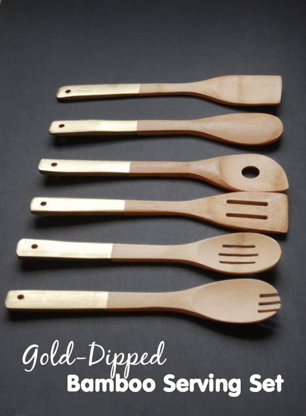 DIY Furniture Store KnockOffs - Do It Yourself Furniture Projects Inspired by Pottery Barn, Restoration Hardware, West Elm. Tutorials and Step by Step Instructions | Gold-Dipped Anthropologie Knock Off Bamboo Serving Set #diyfurniture #diyhomedecor #copycats