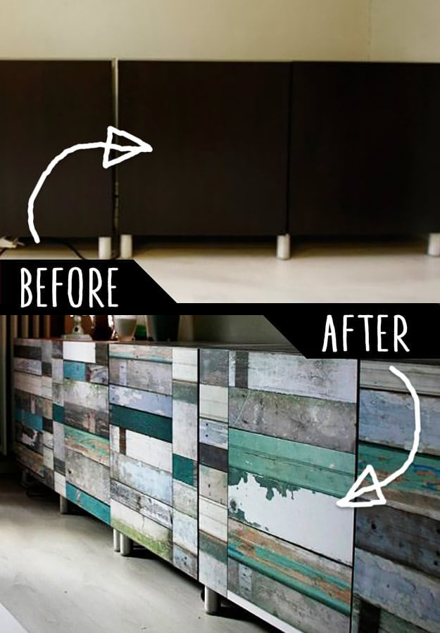 DIY Furniture Makeovers - Refurbished Furniture and Cool Painted Furniture Ideas for Thrift Store Furniture Makeover Projects | Coffee Tables, Dressers and Bedroom Decor, Kitchen | Cabinet Wallpaper Treatment #diy #furnituremakeover #diyfurniture