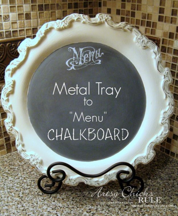 DIY Chalkboard Paint Ideas for Furniture Projects, Home Decor, Kitchen, Bedroom, Signs and Crafts for Teens. | Old Metal Tray Repurposed with Chalk Paint 