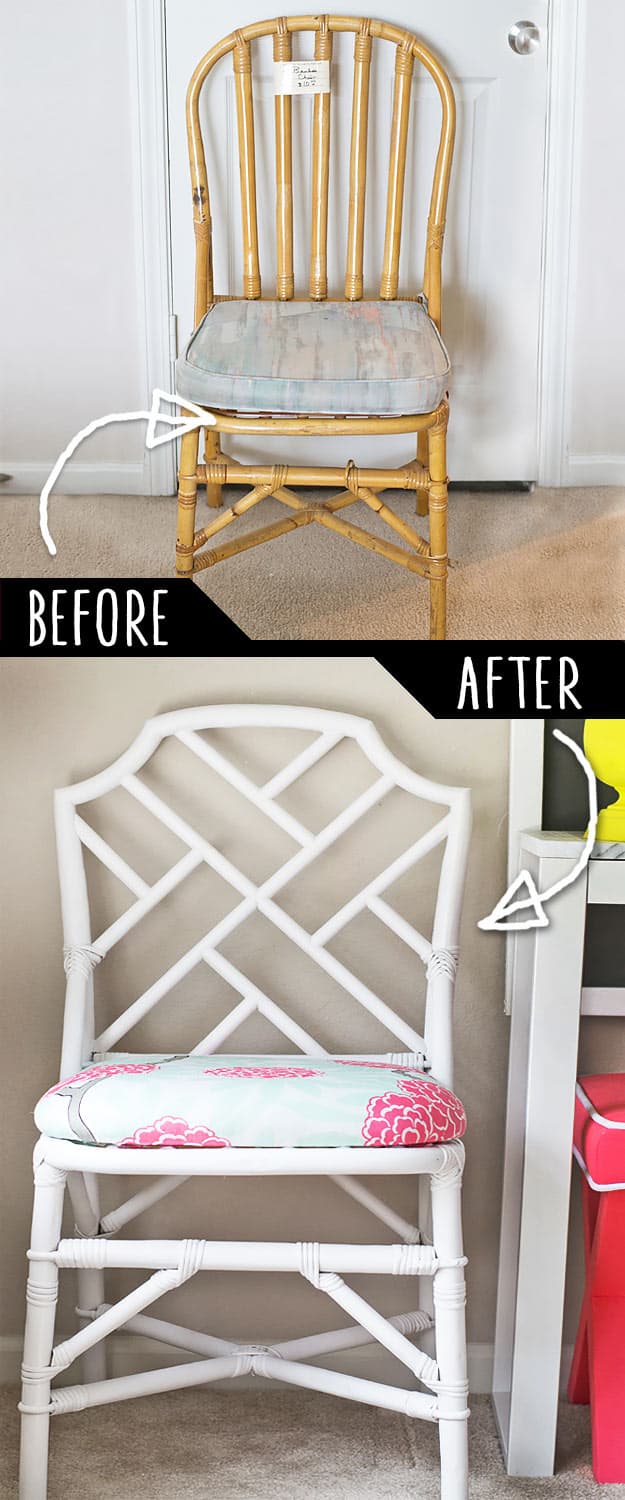 DIY Furniture Makeovers - Refurbished Furniture and Cool Painted Furniture Ideas for Thrift Store Furniture Makeover Projects | Coffee Tables, Dressers and Bedroom Decor, Kitchen | Plain Rattan Chair to Chinese Chippendale Chair #diy #furnituremakeover #diyfurniture