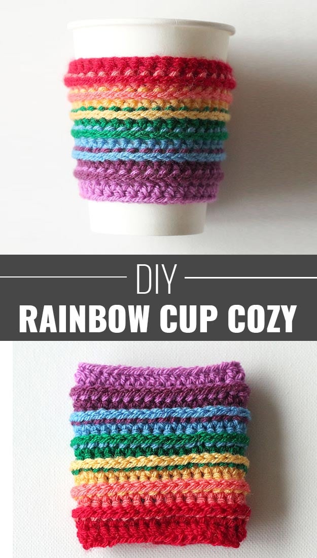 76 Crafts To Make and Sell - Easy DIY Ideas for Cheap Things To Sell on Etsy, Online and for Craft Fairs. Make Money with These Homemade Crafts for Teens, Kids, Christmas, Summer, Mother’s Day Gifts. | Rainbow Crochet Cup Cozy| diyjoy.com/crafts-to-make-and-sell