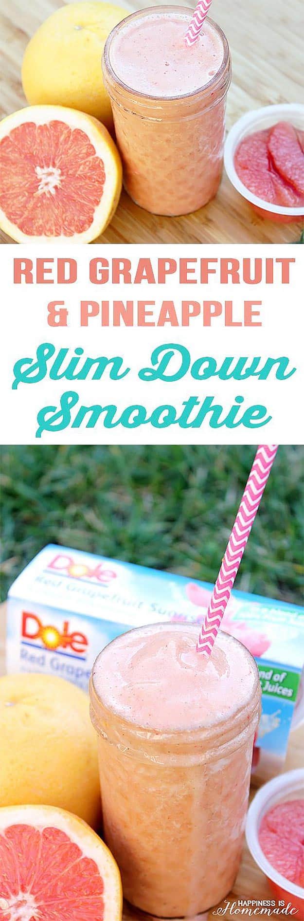 Healthy smoothie recipes and easy ideas perfect for breakfast, energy. Low calorie and high protein recipes for weightloss and to lose weight. Simple homemade recipe ideas that kids love. | Red Grapefruit and Pineapple Slim Down Smoothie #smoothies #recipess