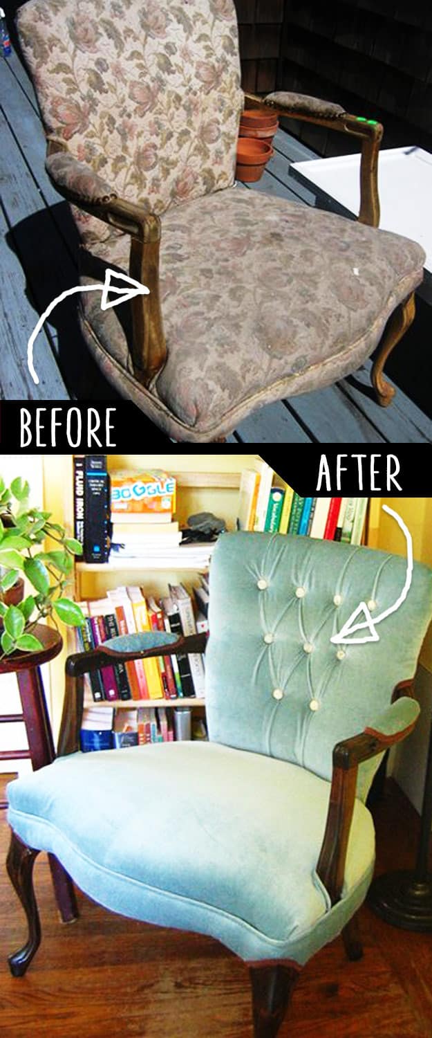 DIY Furniture Makeovers - Refurbished Furniture and Cool Painted Furniture Ideas for Thrift Store Furniture Makeover Projects | Coffee Tables, Dressers and Bedroom Decor, Kitchen | Reupholstered Chair #diy #furnituremakeover #diyfurniture