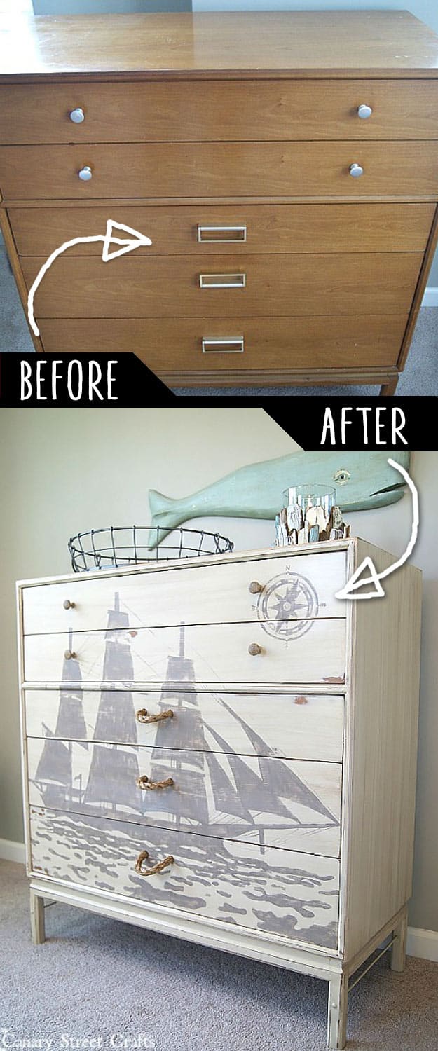 DIY Furniture Makeovers - Refurbished Furniture and Cool Painted Furniture Ideas for Thrift Store Furniture Makeover Projects | Coffee Tables, Dressers and Bedroom Decor, Kitchen | Ship Silhouette Chest of Drawers Makeover #diy #furnituremakeover #diyfurniture