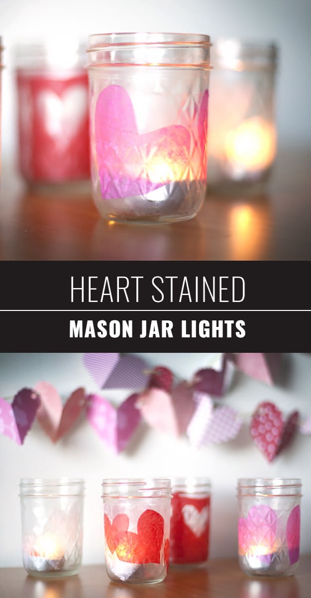 Mason Jar Valentine Gifts and Crafts | DIY Ideas for Valentines Day for Cute Gift Giving and Decor | Heart Stained Mason Jar Lights | #valentines