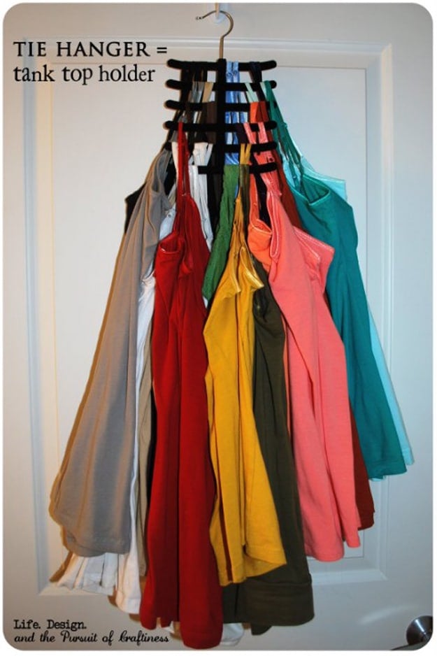 DIY Closet Organization Ideas for Messy Closets and Small Spaces. Organizing Hacks and Homemade Shelving And Storage Tips for Garage, Pantry, Bedroom., Clothes and Kitchen | Tie Hanger Tank Top Holder #organizing #closets #organizingideas