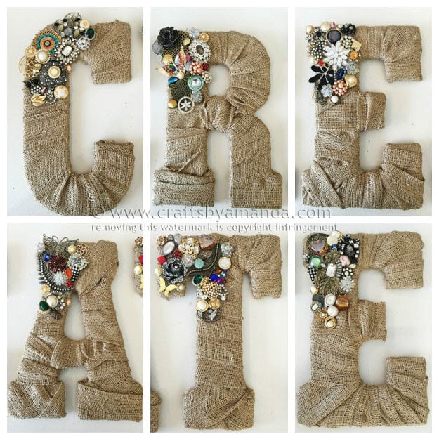 76 Crafts To Make and Sell - Easy DIY Ideas for Cheap Things To Sell on Etsy, Online and for Craft Fairs. Make Money with These Homemade Crafts for Teens, Kids, Christmas, Summer, Mother’s Day Gifts. | Vintage Jewel Burlap Wall Letters #crafts #diy