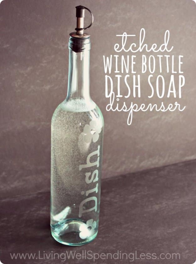 Wine Bottle DIY Crafts - DIY Etched Wine Bottle Dish Soap Dispenser - Projects for Lights, Decoration, Gift Ideas, Wedding, Christmas. Easy Cut Glass Ideas for Home Decor on Pinterest 