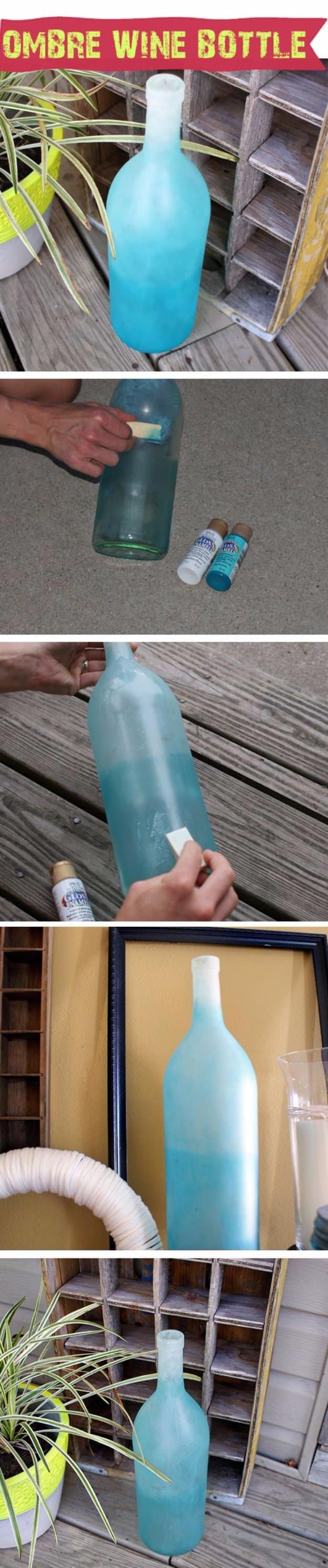 Wine Bottle DIY Crafts - DIY Frosted Ombre Wine Bottle - Projects for Lights, Decoration, Gift Ideas, Wedding, Christmas. Easy Cut Glass Ideas for Home Decor on Pinterest 