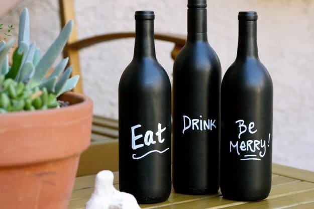 Wine Bottle DIY Crafts - DIY Wine Bottle Art with Chalkboard Paint - Projects for Lights, Decoration, Gift Ideas, Wedding, Christmas. Easy Cut Glass Ideas for Home Decor on Pinterest 