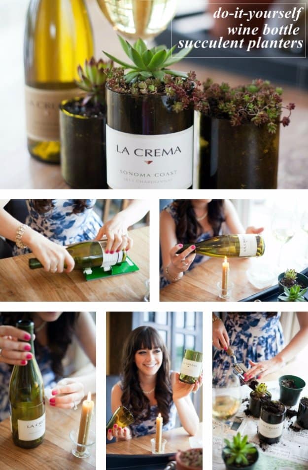 Wine Bottle DIY Crafts - DIY Wine Bottle Succulent Planters - Projects for Lights, Decoration, Gift Ideas, Wedding, Christmas. Easy Cut Glass Ideas for Home Decor on Pinterest 