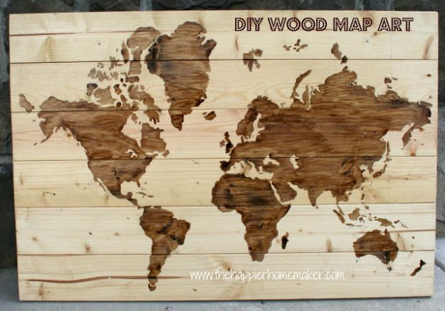 DIY Wall Art Ideas and Do It Yourself Wall Decor for Living Room, Bedroom, Bathroom, Teen Rooms | DIY Wooden World Map Wall Art | Cheap Ideas for Those On A Budget. Paint Awesome Hanging Pictures With These Easy Step By Step Tutorial 