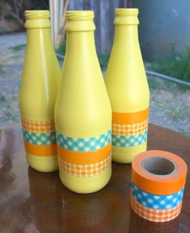 Wine Bottle DIY Crafts - Decorating Wine Bottles with Washi Tape - Projects for Lights, Decoration, Gift Ideas, Wedding, Christmas. Easy Cut Glass Ideas for Home Decor on Pinterest 