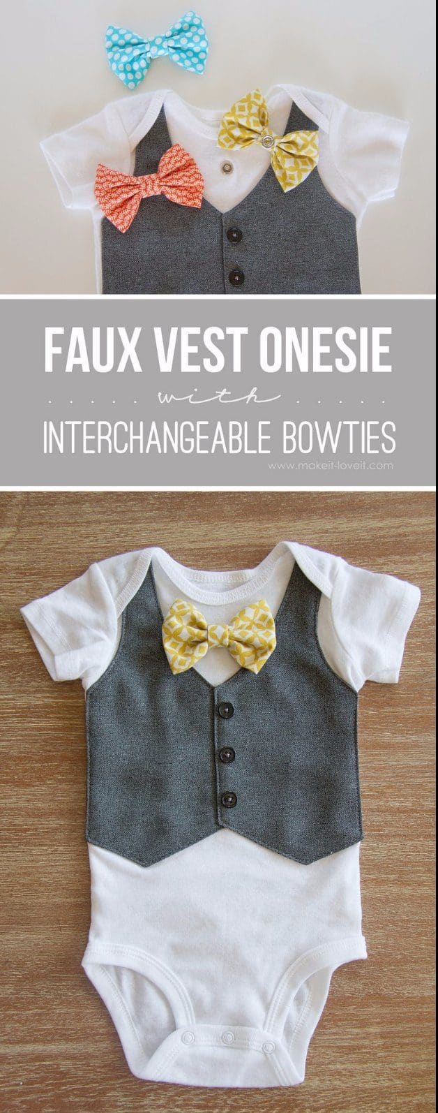 DIY Baby Gifts - Faux Vest Onesie with Interchangeable Bowties - Homemade Baby Shower Presents and Creative, Cheap Gift Ideas for Boys and Girls - Unique Gifts for the Mom and Dad to Be - Blankets, Baskets, Burp Cloths and Easy No Sew Projects #diybaby #babygifts #babyshower