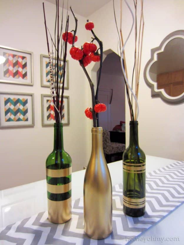 Wine Bottle DIY Crafts - Gold Painted Wine Bottle Vases - Projects for Lights, Decoration, Gift Ideas, Wedding, Christmas. Easy Cut Glass Ideas for Home Decor on Pinterest 