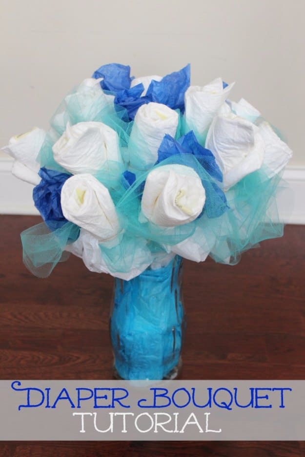 DIY Baby Gifts - How To Make A Diaper Bouquet - Homemade Baby Shower Presents and Creative, Cheap Gift Ideas for Boys and Girls - Unique Gifts for the Mom and Dad to Be - Blankets, Baskets, Burp Cloths and Easy No Sew Projects #diybaby #babygifts #babyshower