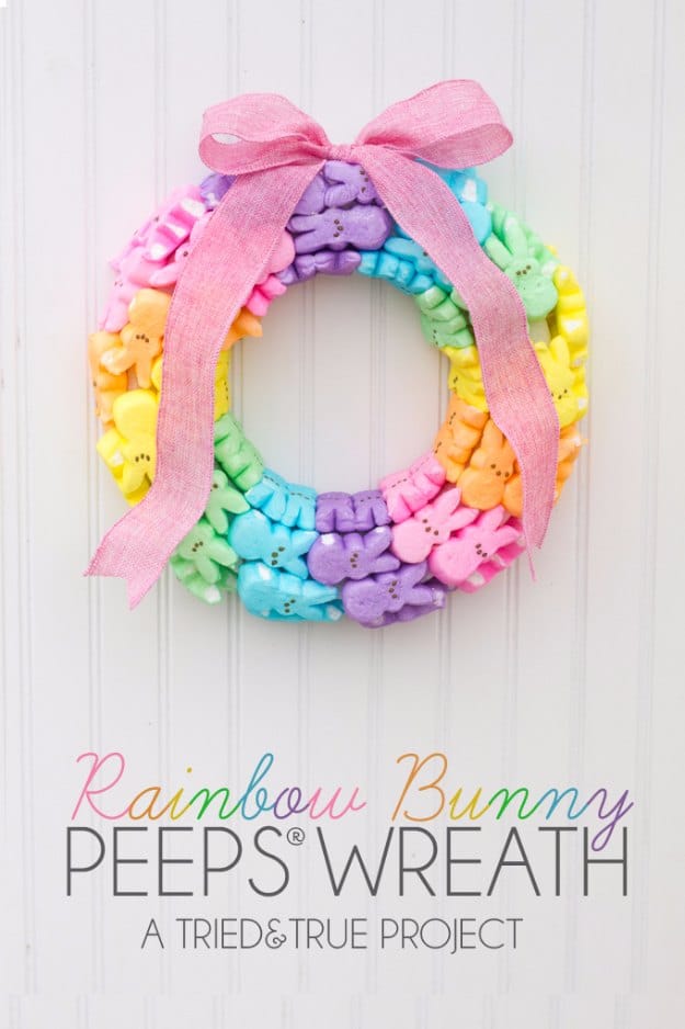 DIY Easter Decorations - Decor Ideas for the Home and Table - Rainbow and Bunny Peeps Wreath - Cute Easter Wreaths, Cheap and Easy Dollar Store Crafts for Kids. Vintage and Rustic Centerpieces and Mantel Decorations. 