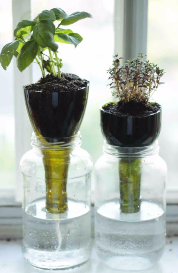 Wine Bottle DIY Crafts - Self Watering Wine Bottle Planters - Projects for Lights, Decoration, Gift Ideas, Wedding, Christmas. Easy Cut Glass Ideas for Home Decor on Pinterest 