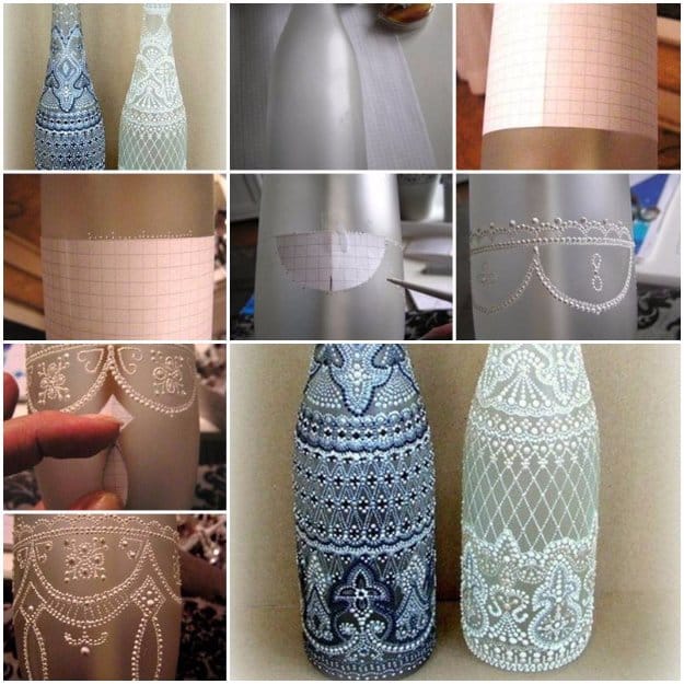 Wine Bottle DIY Crafts - Spot Painted Wine Bottles - Projects for Lights, Decoration, Gift Ideas, Wedding, Christmas. Easy Cut Glass Ideas for Home Decor on Pinterest 