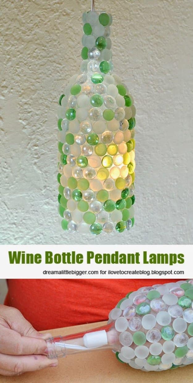 Wine Bottle DIY Crafts - Wine Bottle Pendant Lamps - Projects for Lights, Decoration, Gift Ideas, Wedding, Christmas. Easy Cut Glass Ideas for Home Decor on Pinterest 