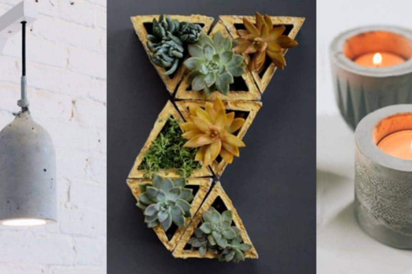 concrete crafts and DIY ideas made with concrete- Cheap and creative projects and tutorials for countertops and ideas for floors, patio and porch decor, tables, planters, vases, frames, jewelry holder, home decor and DIY gifts #diy #crafts