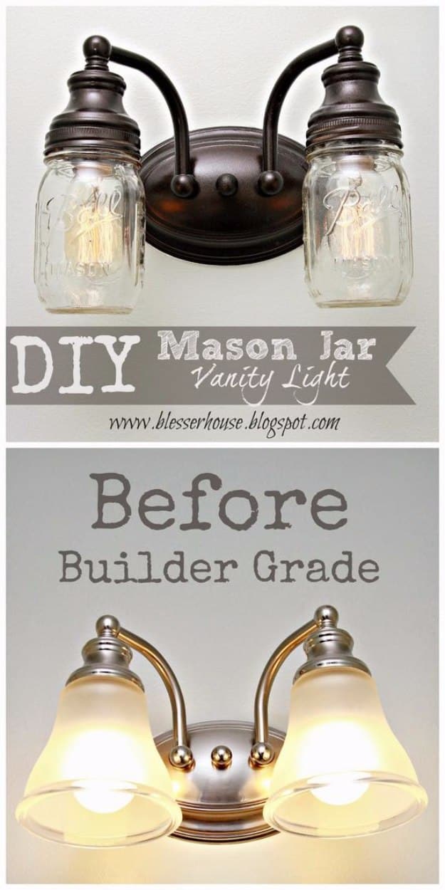 Mason Jar Lights - DIY Mason Jar Vanity Light - DIY Ideas with Mason Jars for Outdoor, Kitchen, Bathroom, Bedroom and Home, Wedding. How to Make Hanging Lanterns, Rustic Chandeliers and Pendants, Solar Lights for Outside 