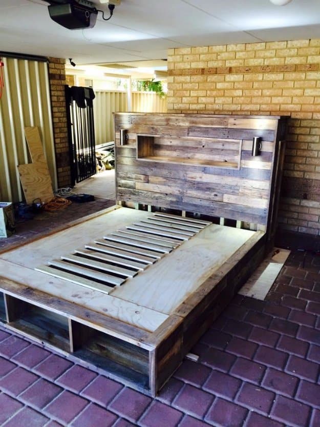 DIY Pallet Furniture Ideas - DIY Pallet Bed with Headboard and Lights - Best Do It Yourself Projects Made With Wooden Pallets - Indoor and Outdoor, Bedroom, Living Room, Patio. Coffee Table, Couch, Dining Tables, Shelves, Racks and Benches 