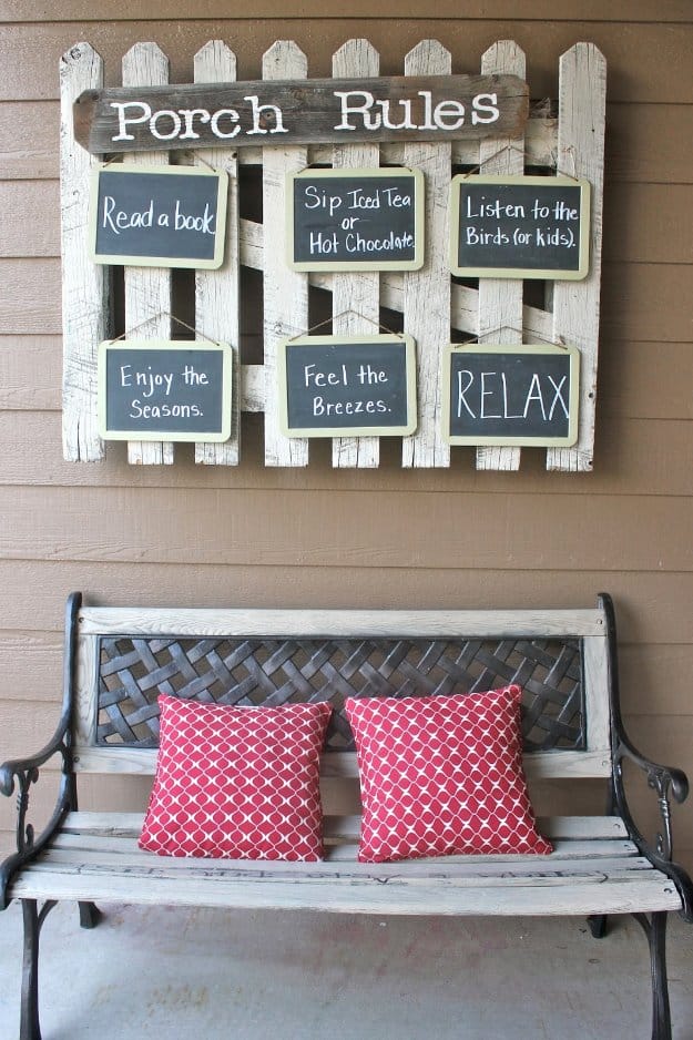 DIY Porch and Patio Ideas - Hanging Front Porch Rules - Decor Projects and Furniture Tutorials You Can Build for the Outdoors -Swings, Bench, Cushions, Chairs, Daybeds and Pallet Signs 