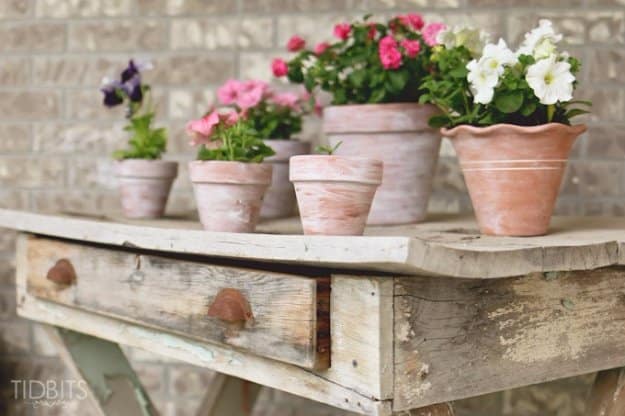 DIY Porch and Patio Ideas -How to White Wash Terra Cotta Pots for Front Porch - Decor Projects and Furniture Tutorials You Can Build for the Outdoors -Swings, Bench, Cushions, Chairs, Daybeds and Pallet Signs 