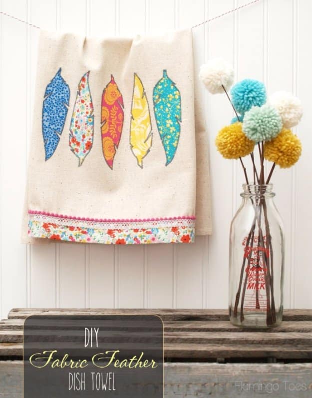 Easy Sewing Projects to Sell - Pretty DIY Fabric Feathers Dishtowel - DIY Sewing Ideas for Your Craft Business. Make Money with these Simple Gift Ideas, Free Patterns #sewing #crafts