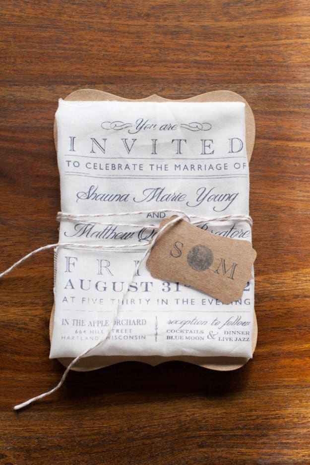 DIY Wedding Invitiations - Print on Cloth Wedding Invite Design Idea - Templates, Free Printables and Wording | Tutorials for Unique, Rustic, Elegant and Vintage Homemade Invites #weddinginvitations #diyweddings