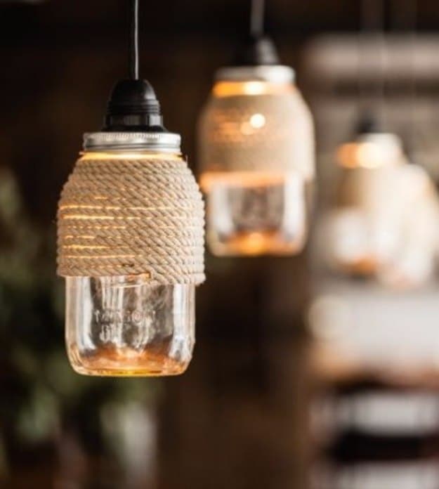 Mason Jar Lights - Rope Wrapped Mason Jar Lights - DIY Ideas with Mason Jars for Outdoor, Kitchen, Bathroom, Bedroom and Home, Wedding. How to Make Hanging Lanterns, Rustic Chandeliers and Pendants, Solar Lights for Outside 