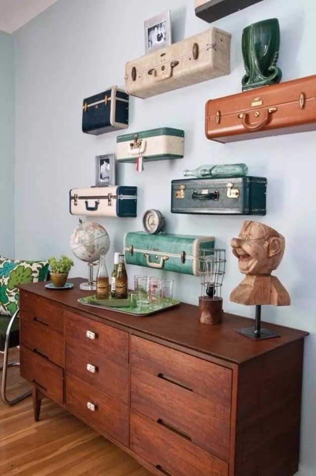 Brilliant DIY Decor Ideas for The Bedroom - Vintage Suitcase Shelves - Rustic and Vintage Decorating Projects for Bedroom Furniture, Bedding, Wall Art, Headboards, Rugs, Tables and Accessories. Tutorials and Step By Step Instructions 