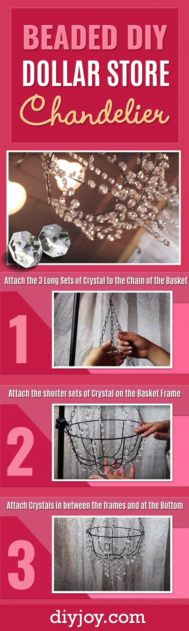 Close up of a beaded chandelier made from a wire plant basket hung with clear crystal bead strands and a lit bulb