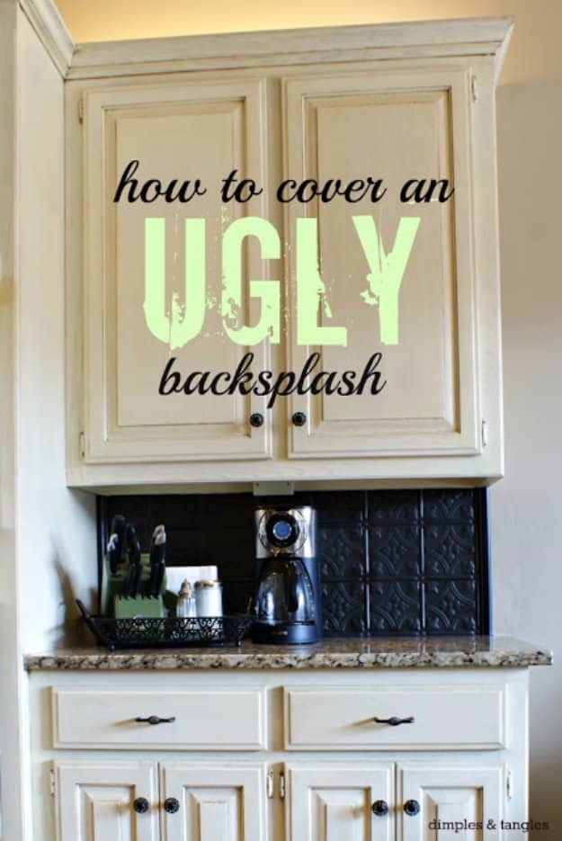 Home Improvement Hacks. - Cover an Ugly Backsplash - Remodeling Ideas and DIY Home Improvement Made Easy With the Clever, Easy Renovation Ideas. Kitchen, Bathroom, Garage. Walls, Floors, Baseboards,Tile, Ceilings, Wood and Trim #diy #homeimprovement