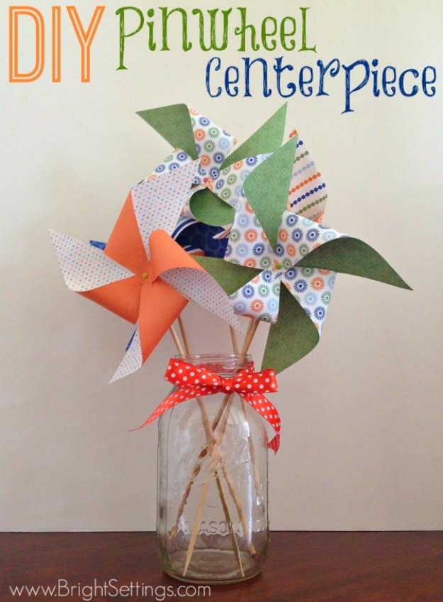 Mason Jar Ideas for Summer - DIY Summer Pinwheel Mason Jar Centerpiece - Mason Jar Crafts, Decor and Gifts, Centerpieces and DIY Projects With Jars That Are Perfect For Summertime - Fun and Easy Lights, Cool Vases, Creative 4th of July Ideas