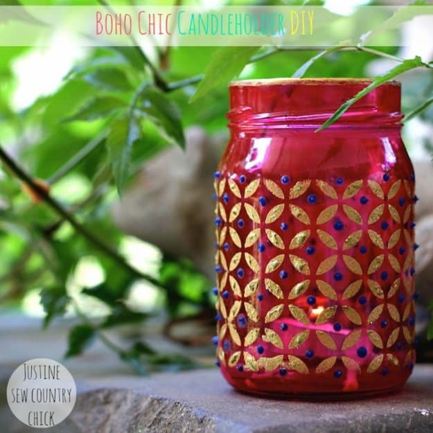 Mason Jar Ideas for Summer - Easy Boho Chic Mason Jar Candle Holders - Mason Jar Crafts, Decor and Gifts, Centerpieces and DIY Projects With Jars That Are Perfect For Summertime - Fun and Easy Lights, Cool Vases, Creative 4th of July Ideas